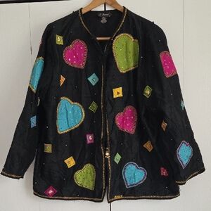 J A Resort Black Silk Jacket With Heart Applique 1X Vintage